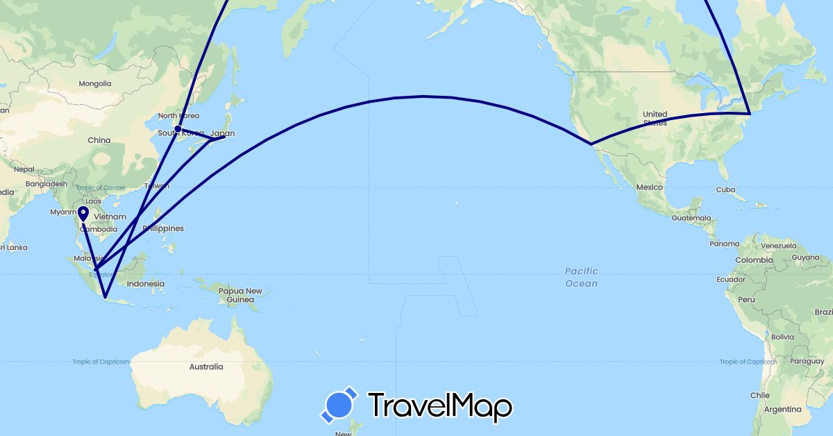 TravelMap itinerary: driving in Indonesia, Japan, South Korea, Philippines, Singapore, Thailand, United States (Asia, North America)